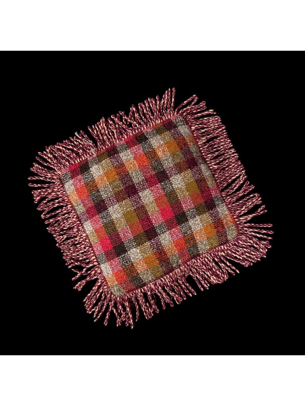 Vintage Plaid Throw Pillow 1970s Fringe Red Orange Brown Couch Cushion Retro
